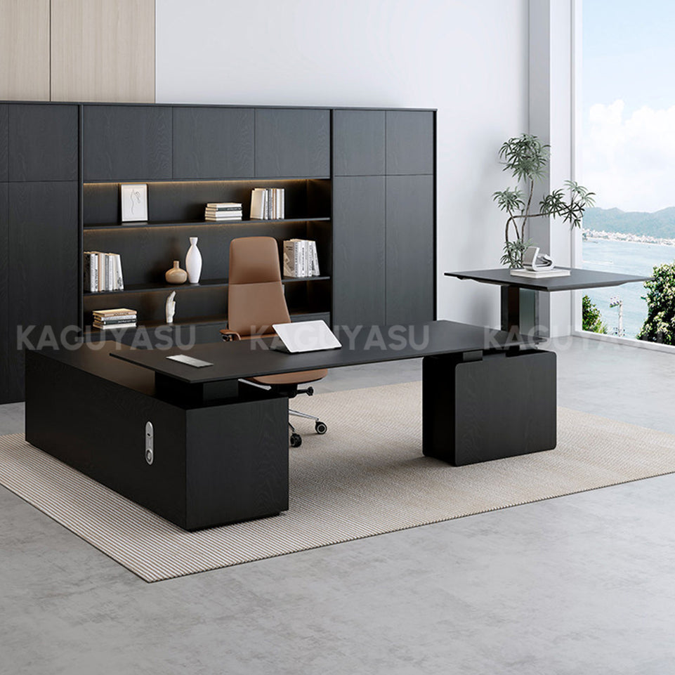 Luxury Electric Executive Desk with Pop-up Power Box, Spacious Lift-top Workspace & Large Storage Cabinet for Modern Offices (110–126")