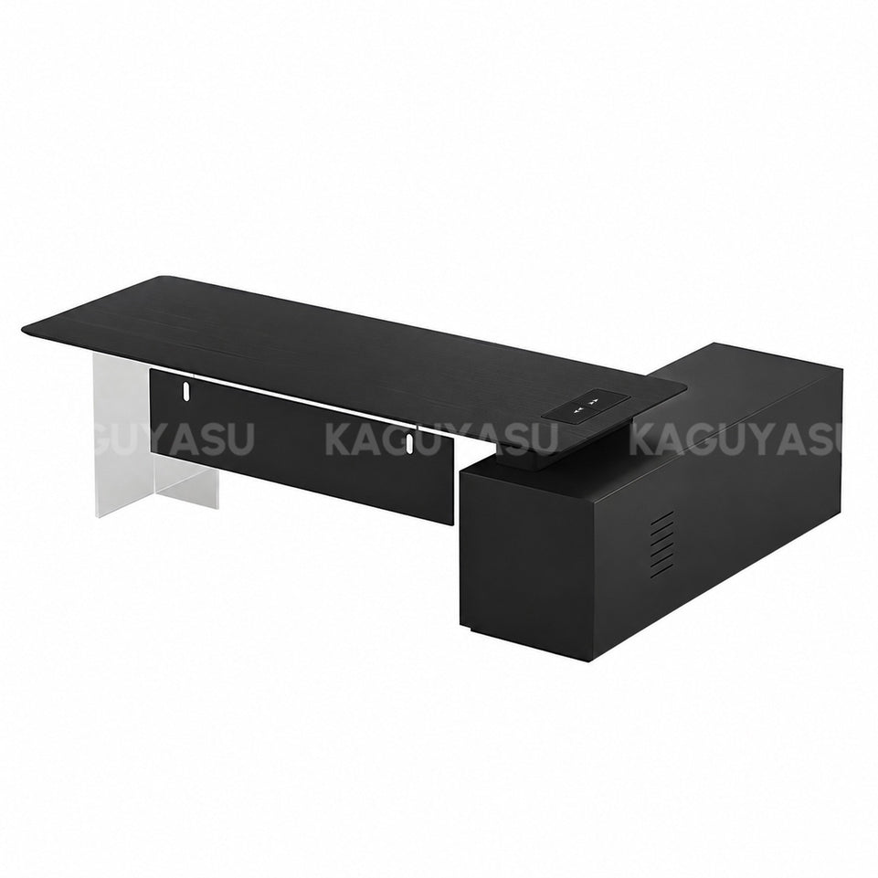 Luxury Contemporary Executive Desk with Smart Power Outlet, Diamond-cut Thick Top & Large Storage Cabinet for Modern Offices (55–87")