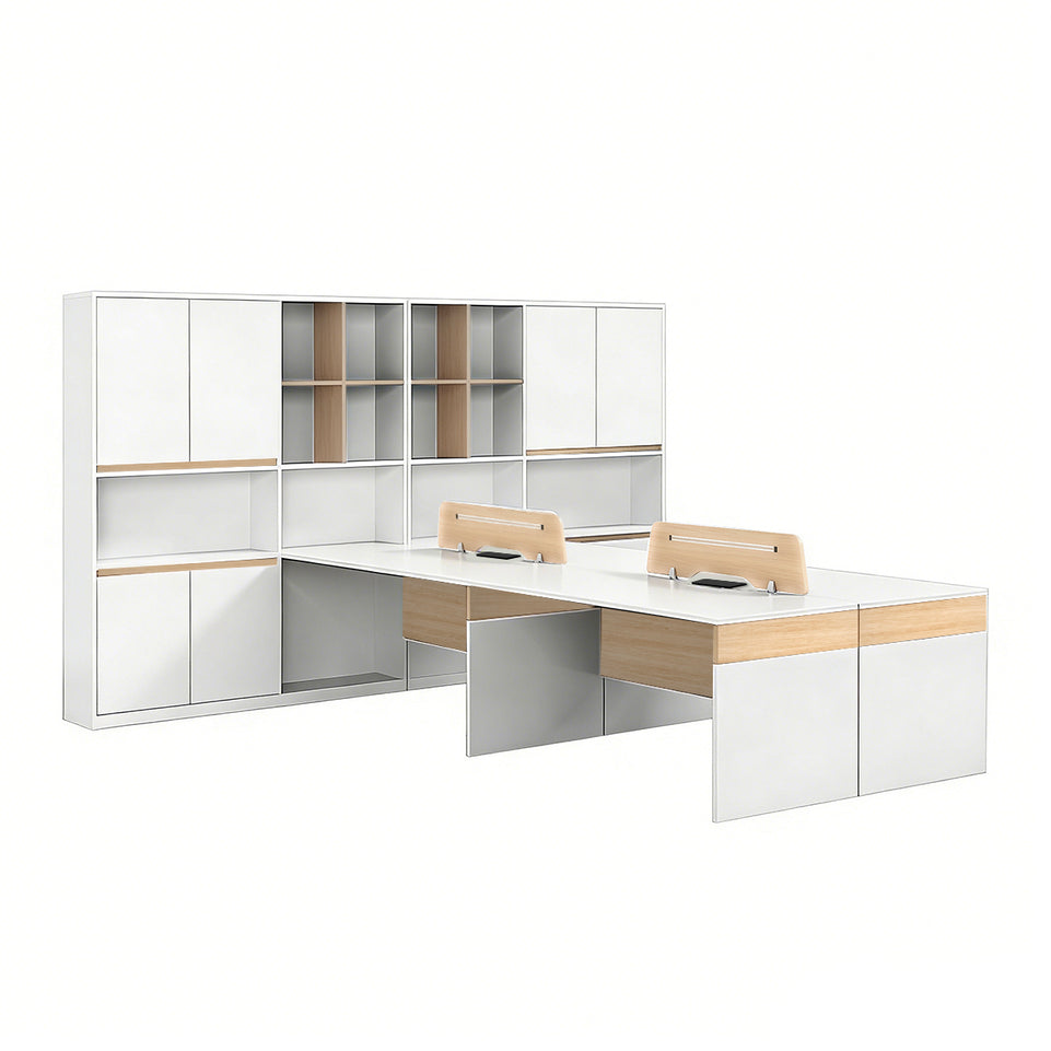 L-Shaped Reception Desk with Built-In Outlets, Cable Management & Side Storage for Retail