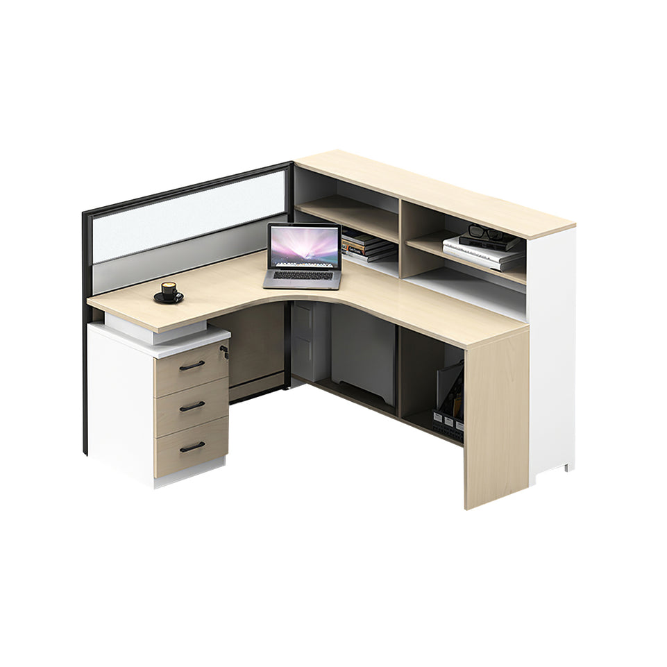 L-Shaped Office Desk with Built-In Outlets, Cable Management & Glass Top for Home Office