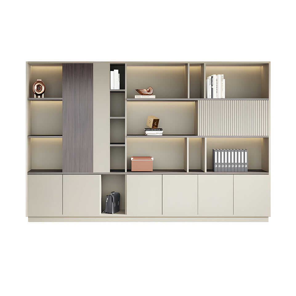 Storage Cabinet, Khaki With LED Strip, Elegant Storage Cabinet With Soft Lighting Strip and Open Storage finish, L110" x W16" x H79", for office...
