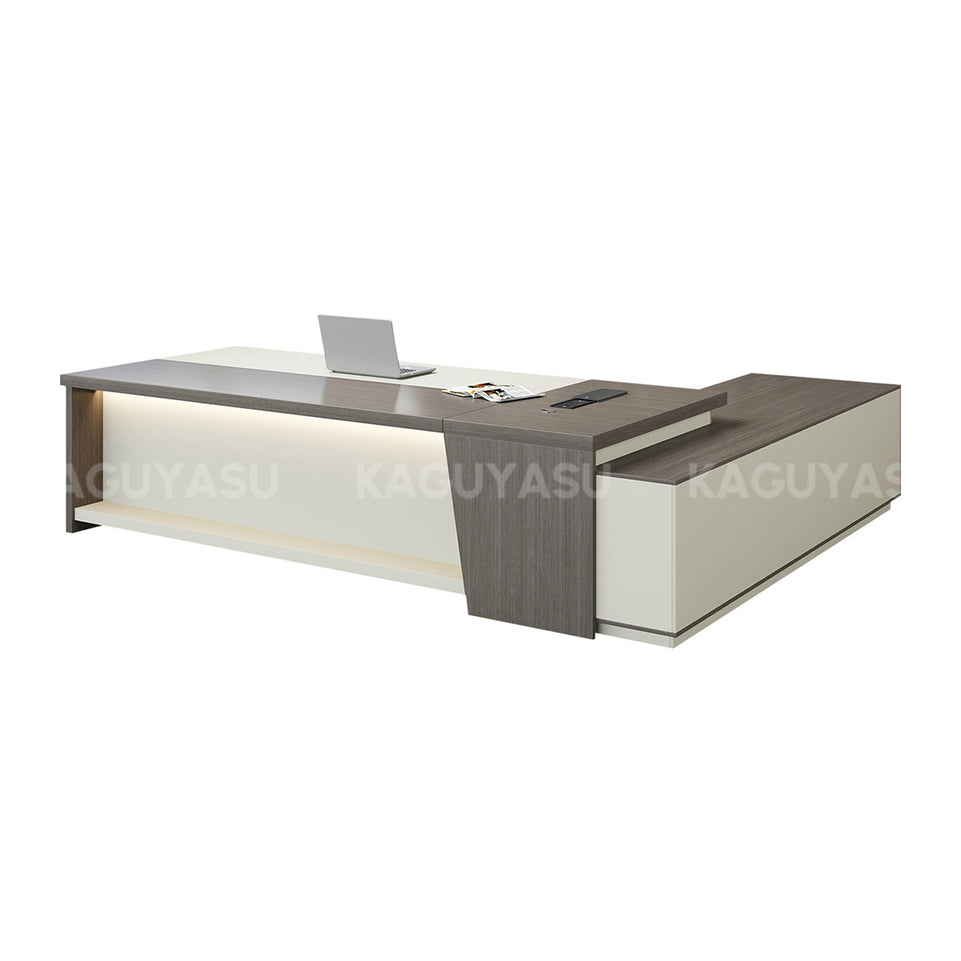 L-Shaped Executive Desk with LED Lighting, Side Storage & Cable Management for Home Office