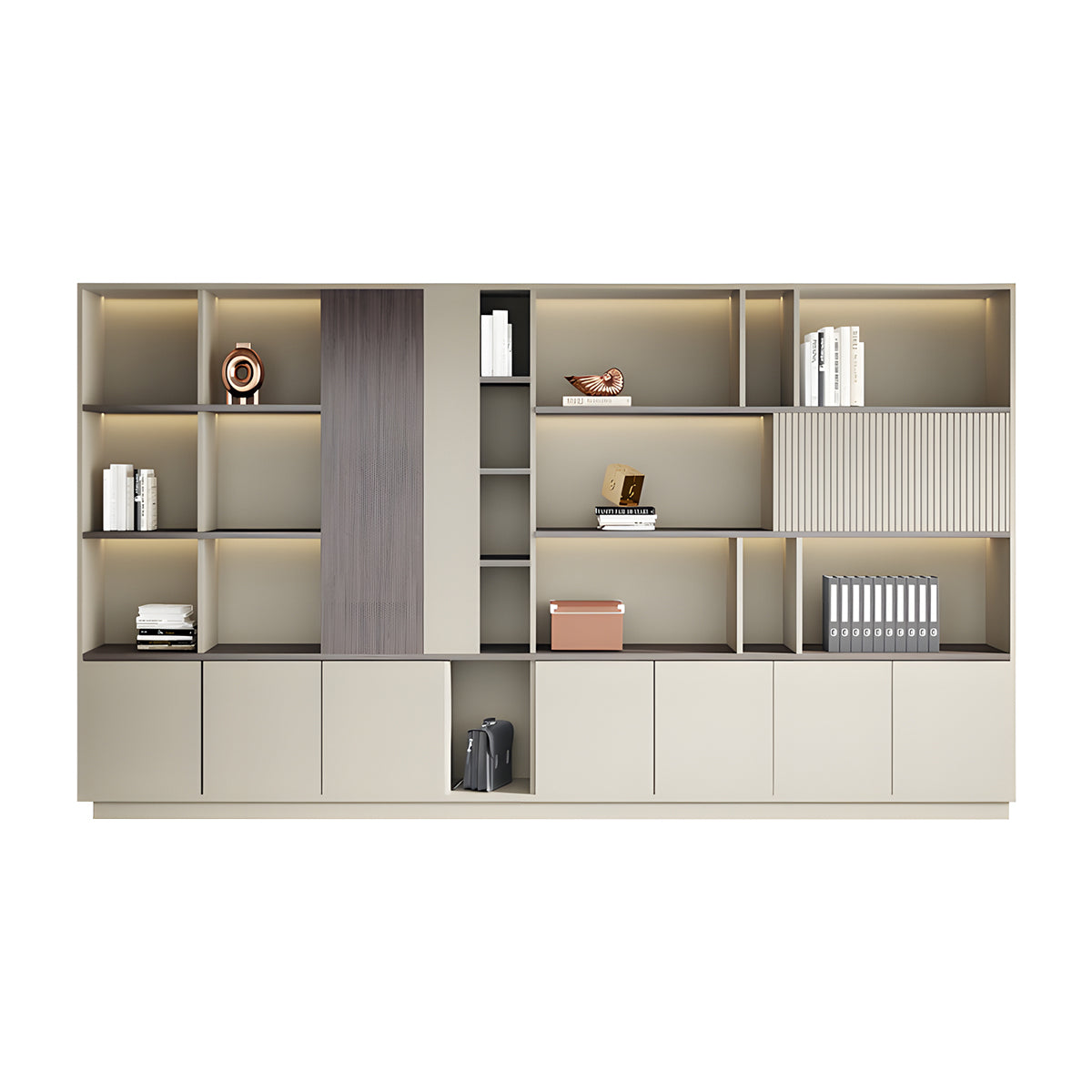 Storage Cabinet, Khaki With LED Strip, Elegant Storage Cabinet With Soft Lighting Strip and Open Storage finish, L126" x W16" x H79", for office...