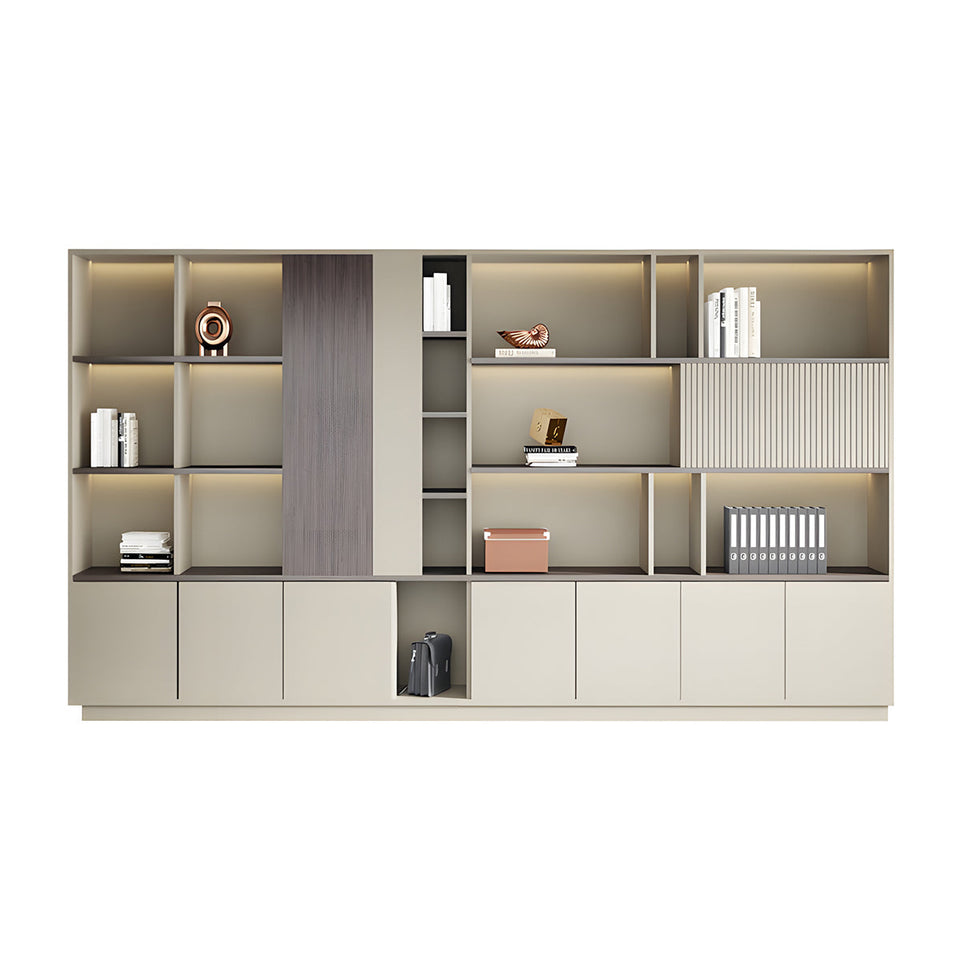Storage Cabinet, Khaki With LED Strip, Elegant Storage Cabinet With Soft Lighting Strip and Open Storage finish, L126" x W16" x H79", for office...