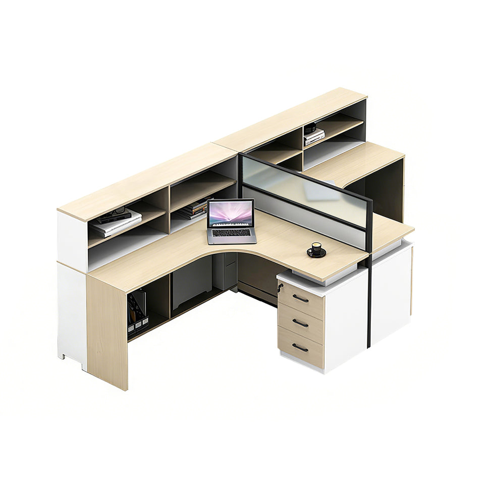 L-Shaped Office Desk with Built-In Outlets, Cable Management & Glass Top for Home Office