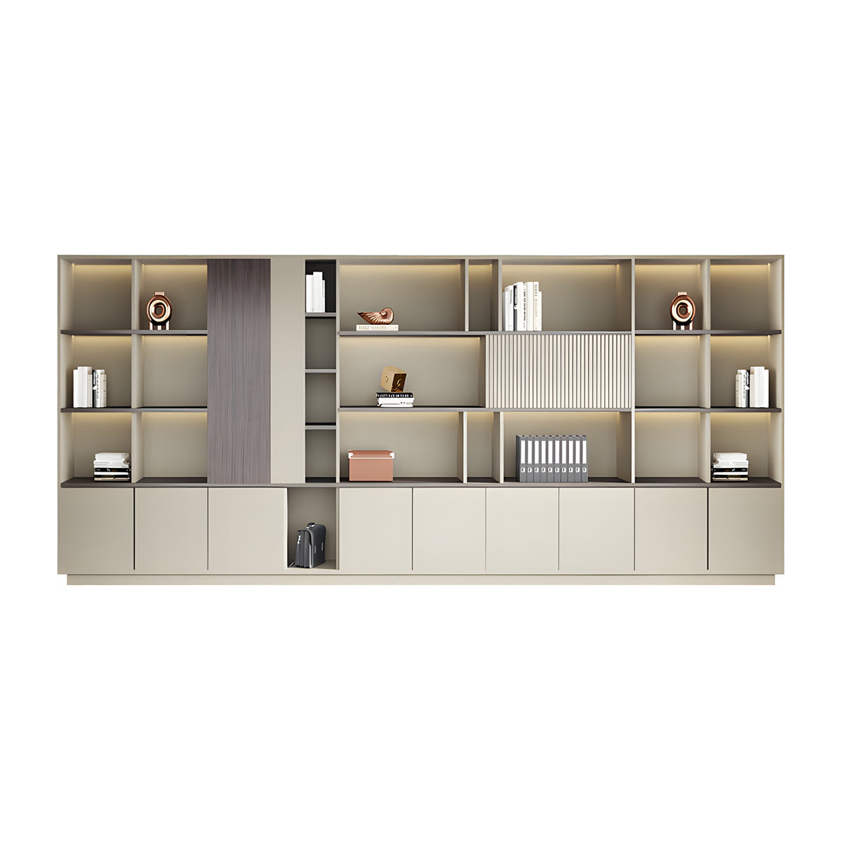 Storage Cabinet, Khaki With LED Strip, Elegant Storage Cabinet With Soft Lighting Strip and Open Storage finish, L157" x W16" x H79", for office...