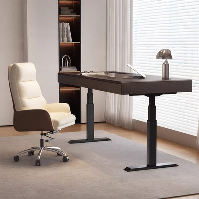 Modern Electric Height Adjustable Executive Desk with Dual Motors, Built-in Charging Box & Storage Drawers for Compact Offices (55–71")