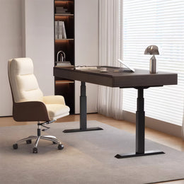 Modern Electric Height Adjustable Executive Desk with Dual Motors, Built-in Charging Box & Storage Drawers for Compact Offices (55–71")