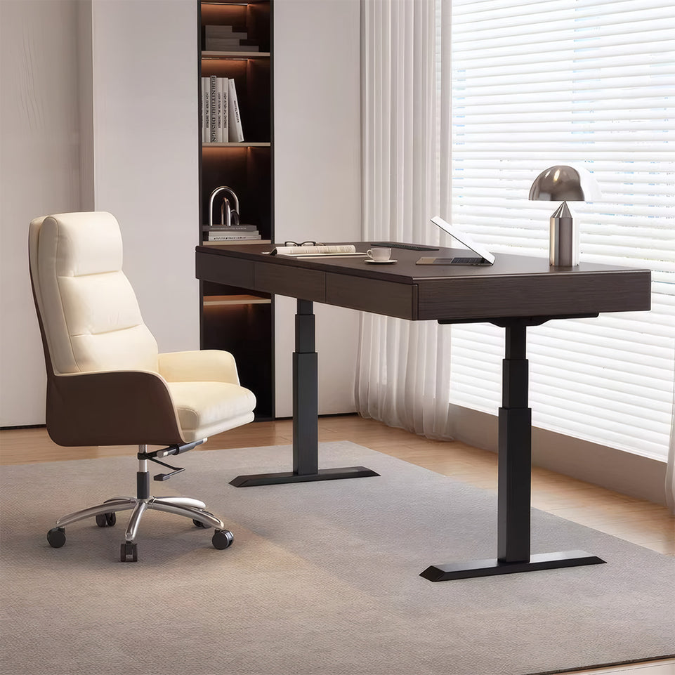 Modern Electric Height Adjustable Executive Desk with Dual Motors, Built-in Charging Box & Storage Drawers for Compact Offices (55–71")