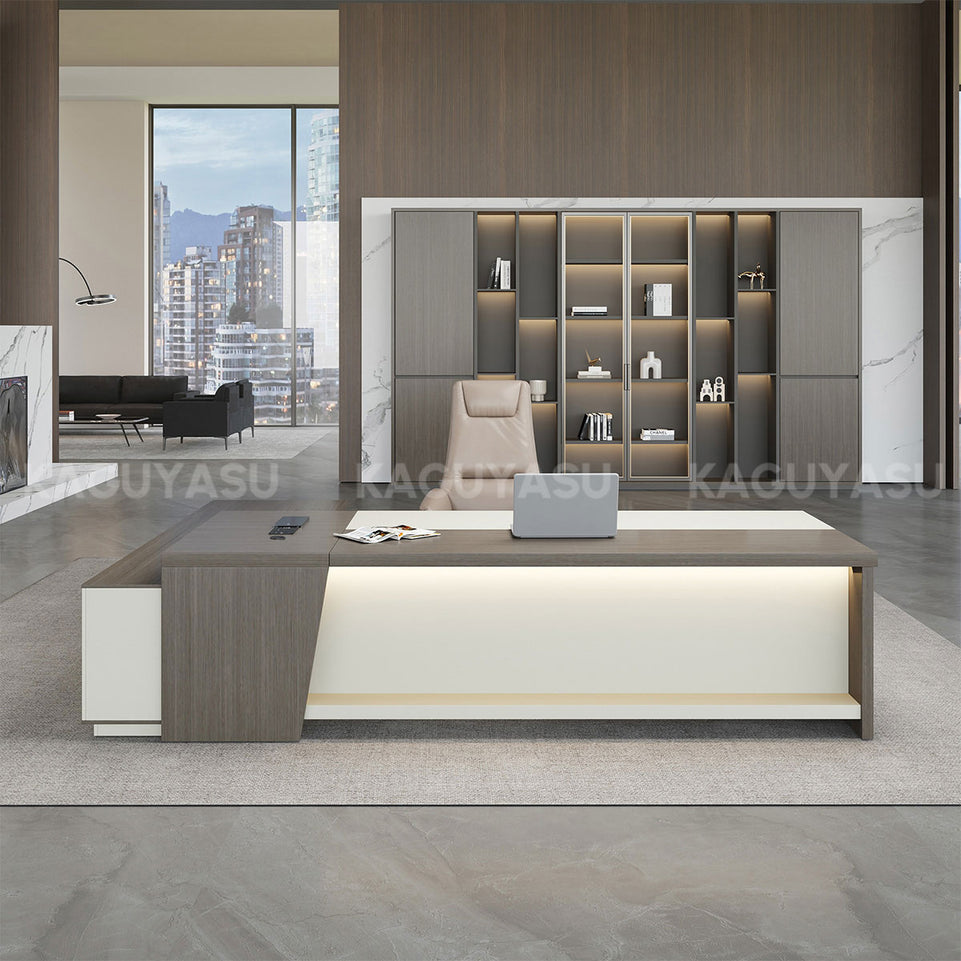 L-Shaped Executive Desk with LED Lighting, Side Storage & Cable Management for Home Office