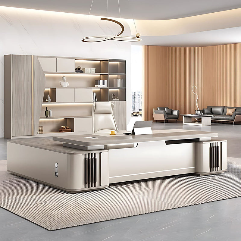 L-Shaped Executive Desk with Side Storage, Cable Management & File Drawers for Home Office