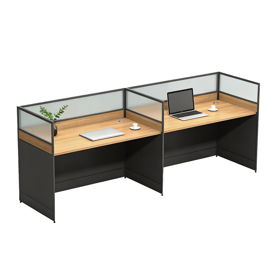 Modern Office Desk with Built-In Outlets, Cable Management & Glass Top for Home Office
