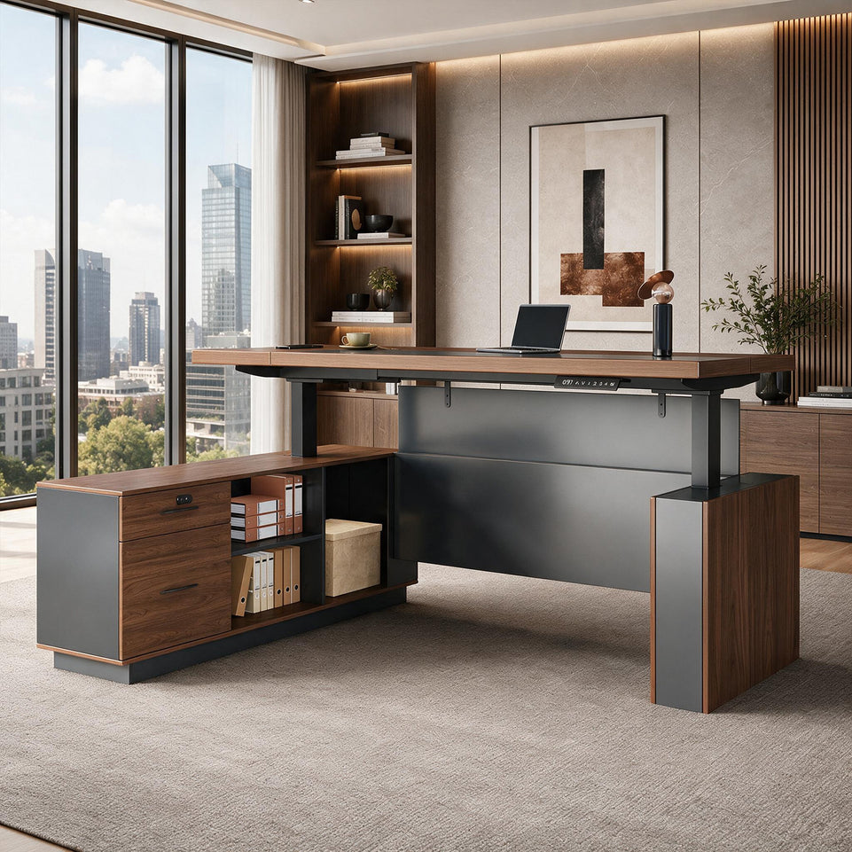 Height-Adjustable Executive Desk with Dual Motors, Power Hub, and Locking Storage(In Stock)