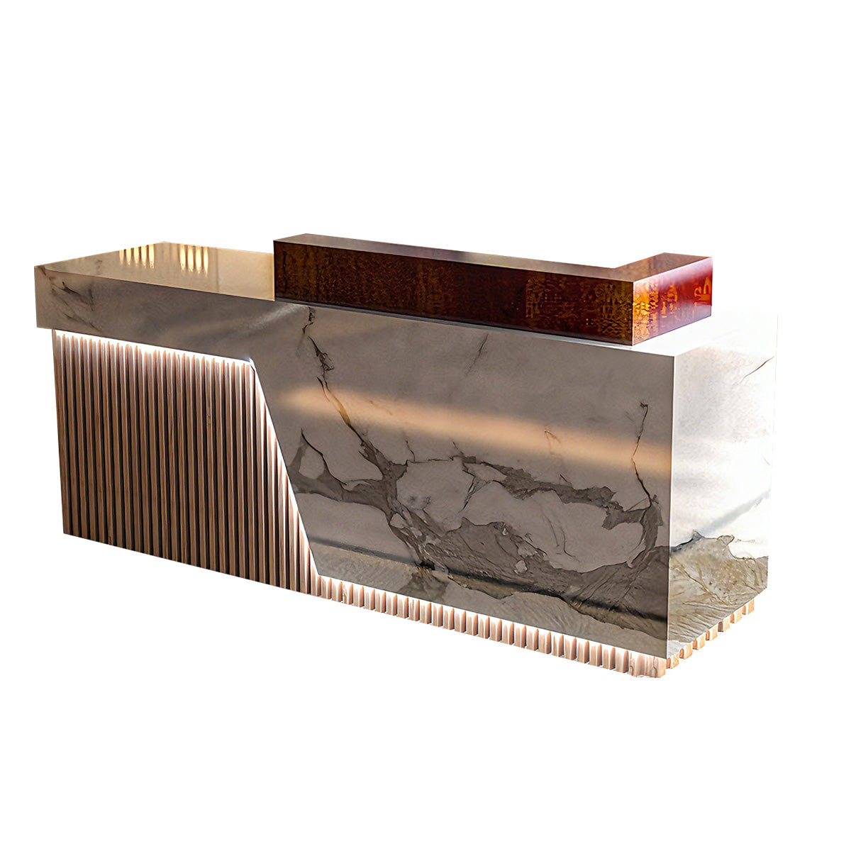 Executive Reception Desk – Black Marble & Fluted Wood with LED Accents JDT-780