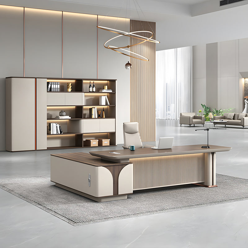 L-Shaped Reception Desk with File Drawers, LED Lighting & Side Storage for Office Lobby