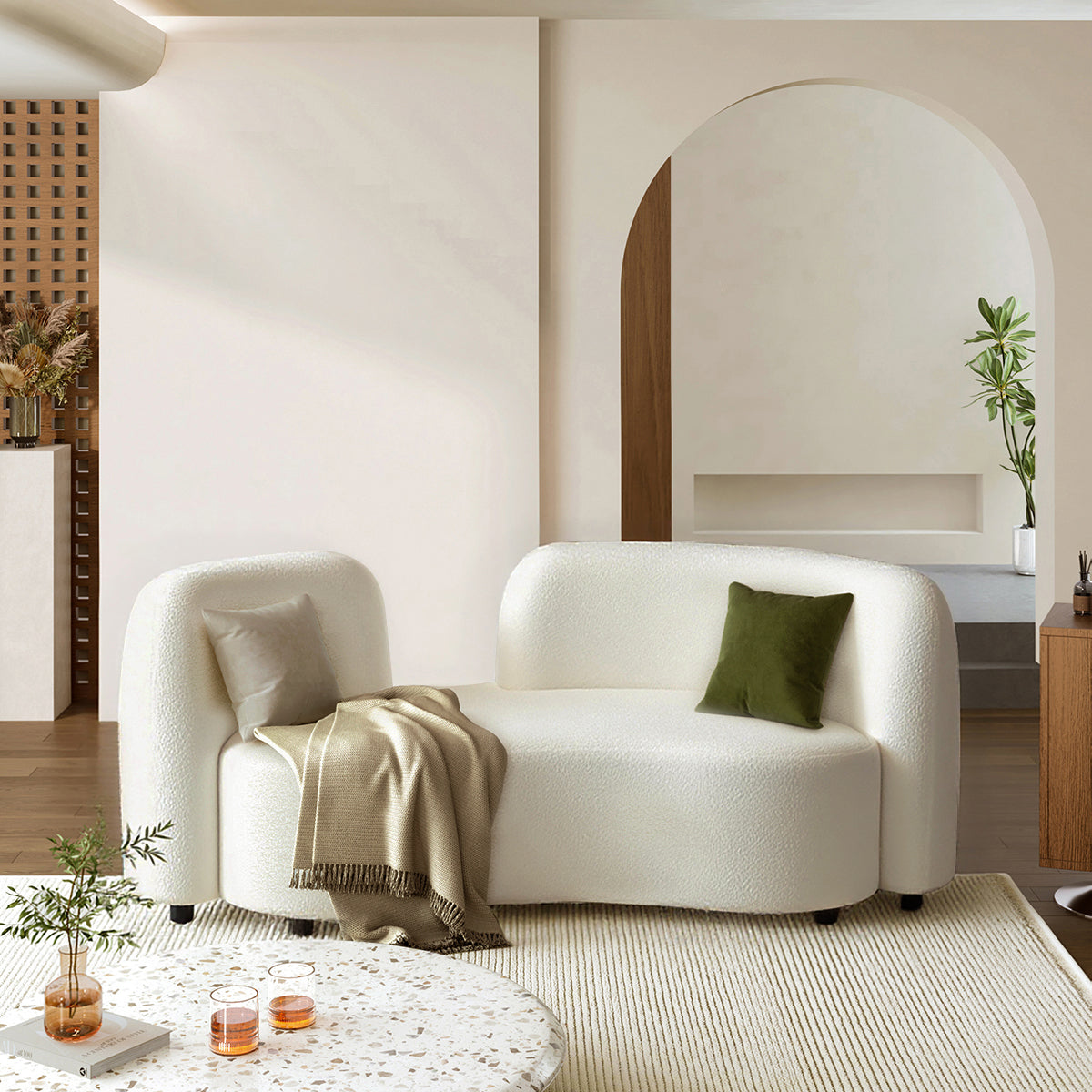 Comfy White Lambswool Sofa with Curved Backrest for Living Room BSF-0002（In Stock）