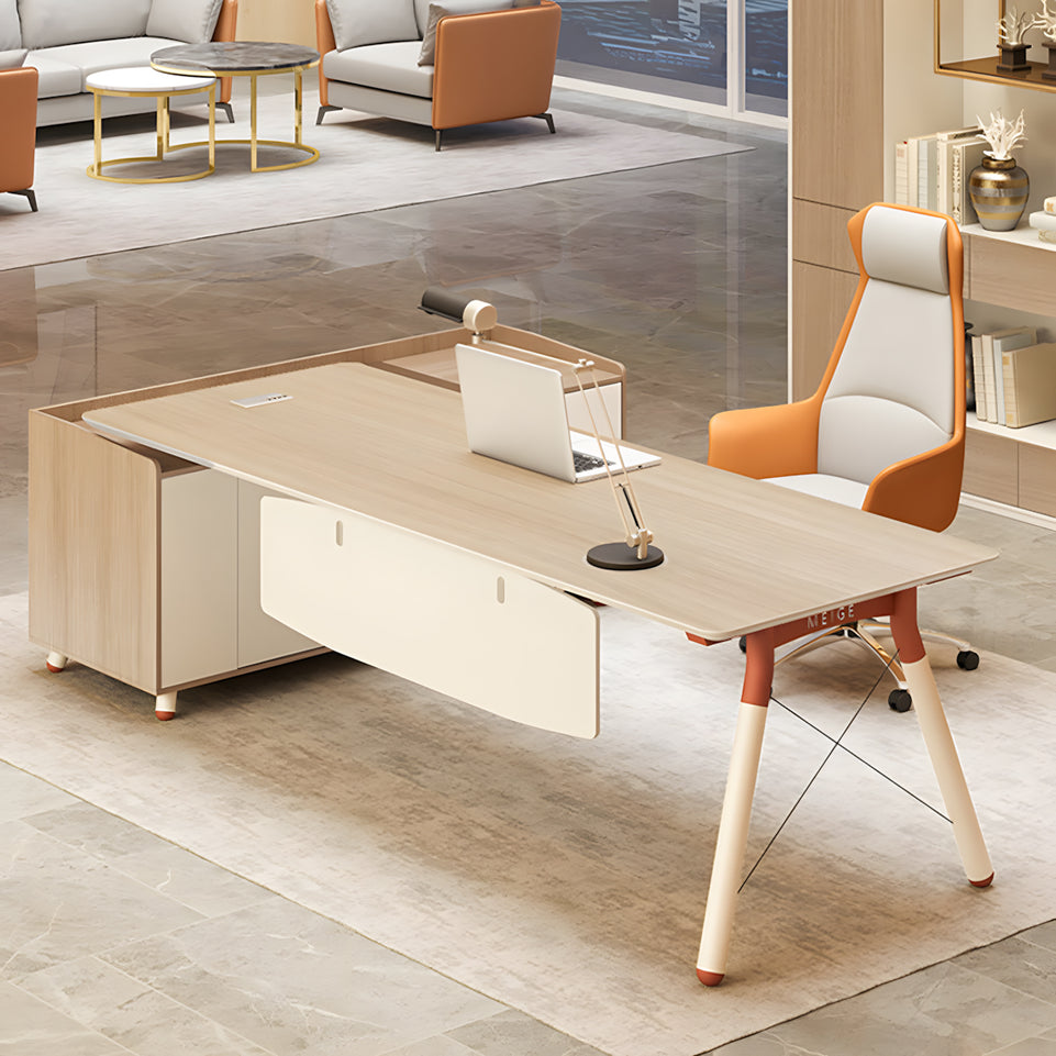 Modern and Stylish Executive Desk with Skirt Panel and Side Cabinet of Natural Finish LBZ-10195