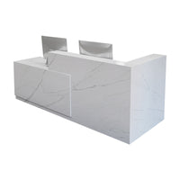 Color-Blocked L-Shaped Reception Desk with Keyboard Tray and Lockable Drawer for Offices and Hotels JDT-011