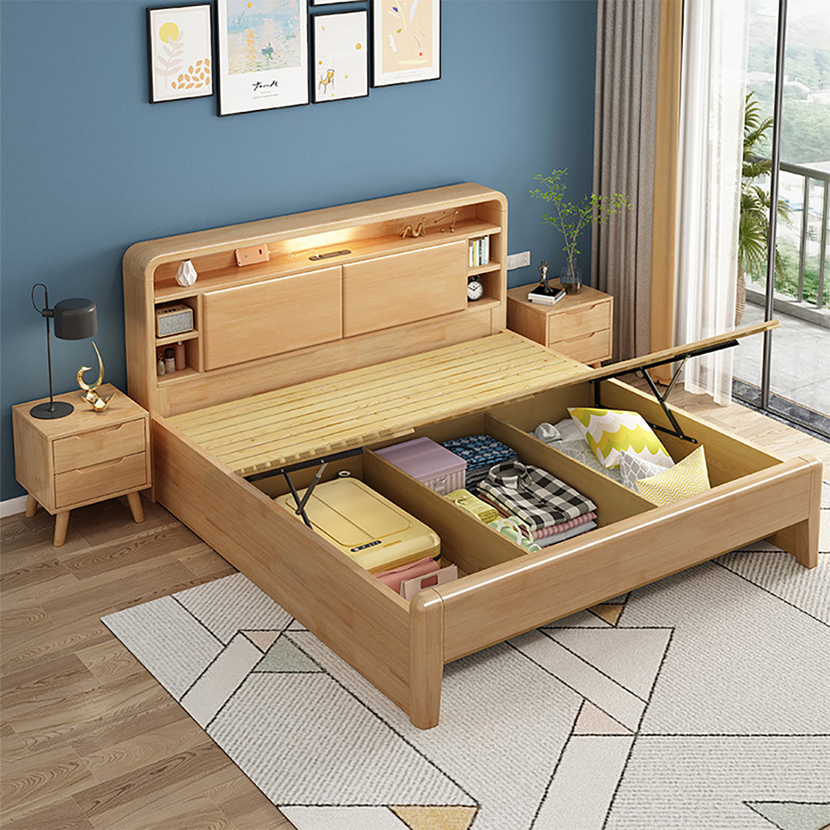 Solid Wood Bedroom Queen Bed with Storage Headboard (In Stock)