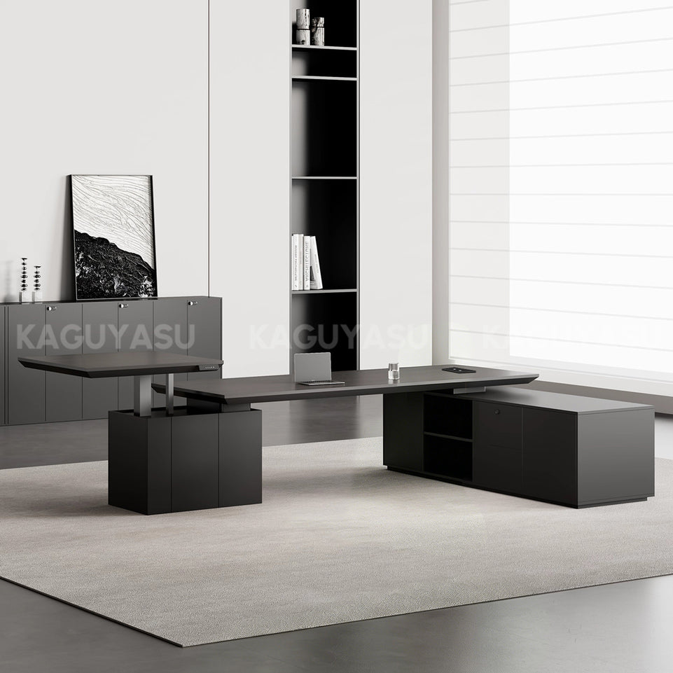 Luxury L-shaped Executive Standing Desk with Smart Power Outlet & Large Side Storage Cabinet (94–126")