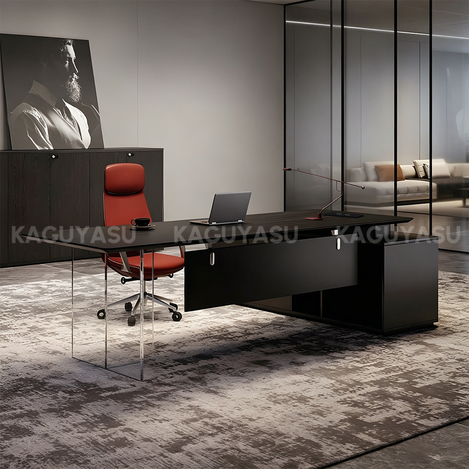 Luxury Contemporary Executive Desk with Smart Power Outlet, Diamond-cut Thick Top & Large Storage Cabinet for Modern Offices (55–87")