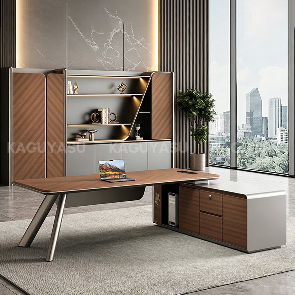 Modern L-shaped Executive Desk with Side Cabinet and Privacy Panel