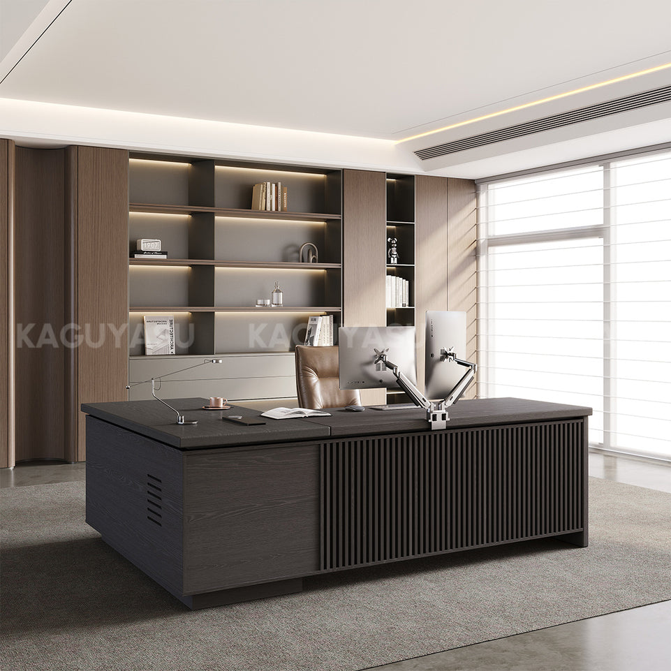 L-Shaped Executive Desk with Built-In Power, Side Storage & Slatted Modesty Panel