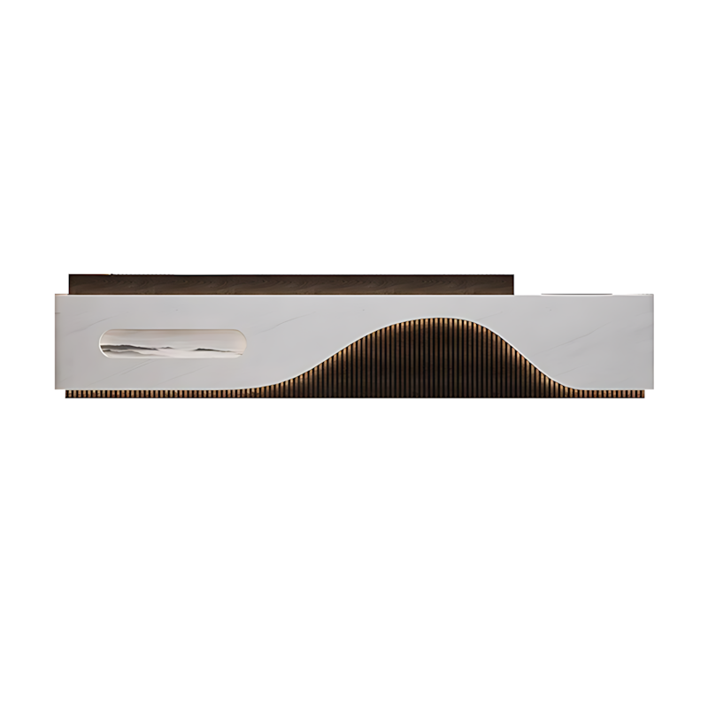 Curved Striped Front Desk with Keyboard Tray and Multiple Cabinets for Commercial Reception JDT-10136