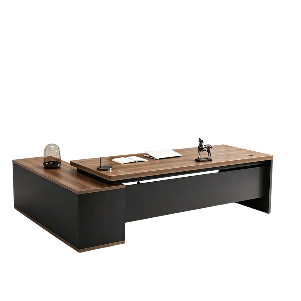 Elegant 55"–79" L Executive Desk with Thick Durable Desktop, Precision Edge Banding, Smart Cable Management, Large Storage Cabinet for Professional Offices