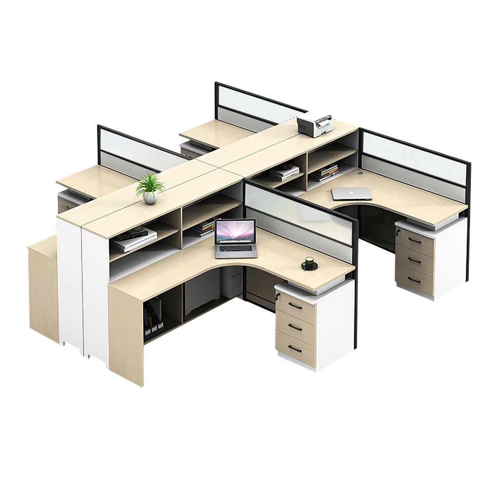 L-Shaped Office Desk with Built-In Outlets, Cable Management & Glass Top for Home Office
