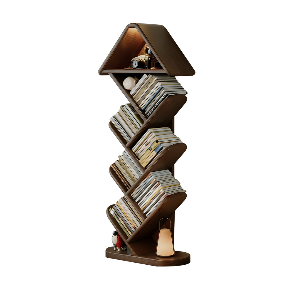 Elegant Solid Wood Tree-Shaped Bookshelf, Floor-Standing Corner Storage Rack, Slim Design, Wall-Aligned Modern Living Room Organizer CWG-2180