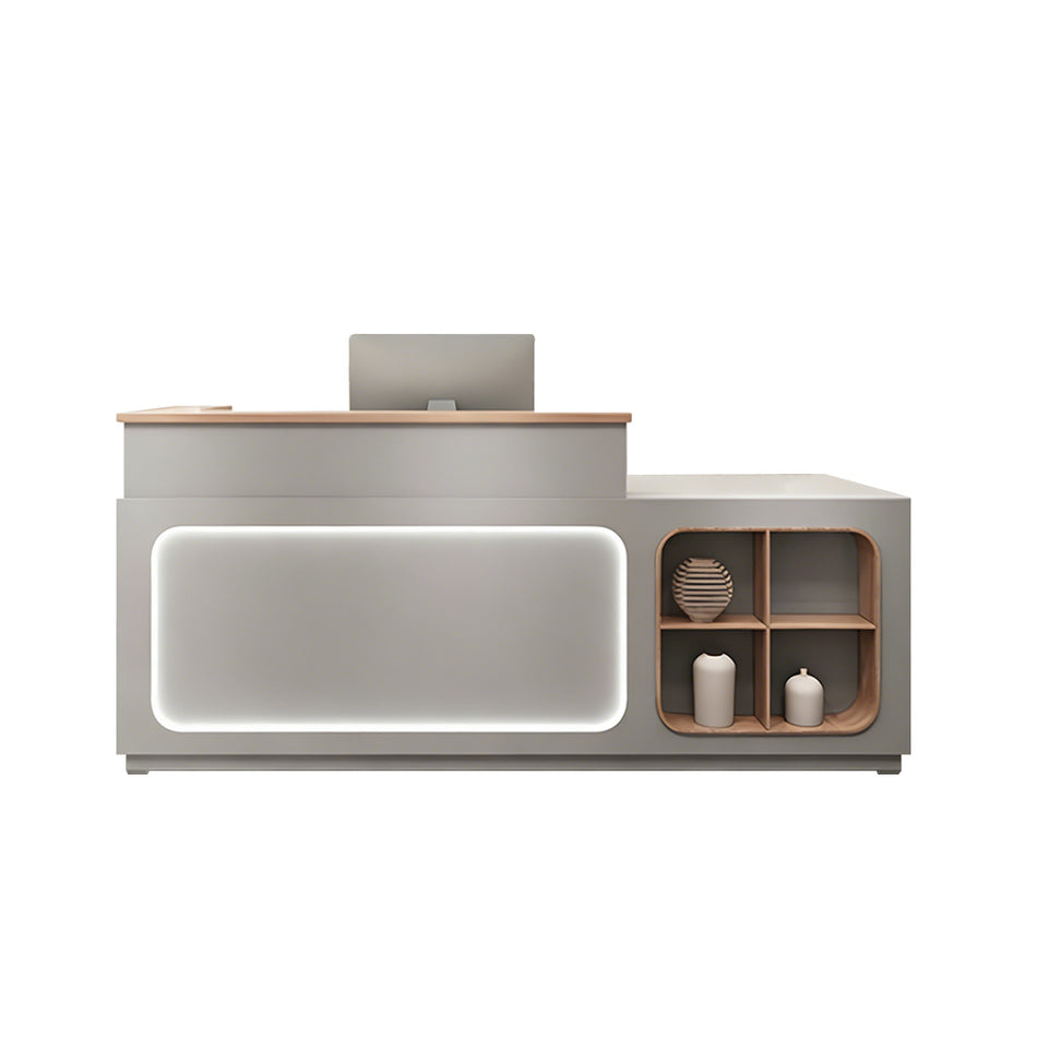 Straight Reception Desk with Small Window Design, LED Lights, Keyboard Tray, and Cabinets for Salons and Clothing Stores JDT-1066