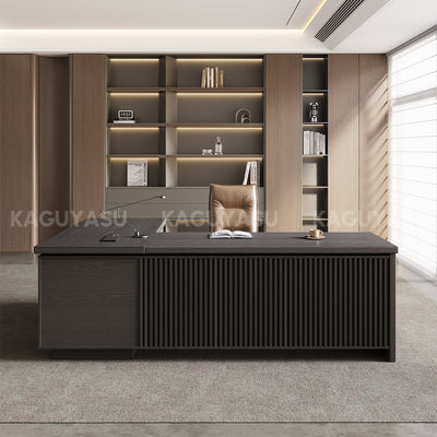 L-Shaped Executive Desk with Built-In Power, Side Storage & Slatted Modesty Panel(In Stock)