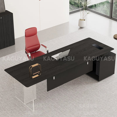 Luxury Contemporary Executive Desk with Smart Power Outlet, Diamond-cut Thick Top & Large Storage Cabinet for Modern Offices (55–87")