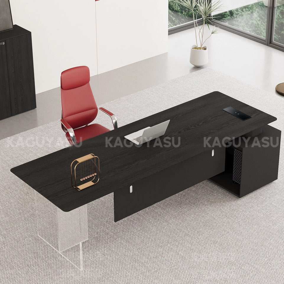 Luxury Contemporary Executive Desk with Smart Power Outlet, Diamond-cut Thick Top & Large Storage Cabinet for Modern Offices (55–87")