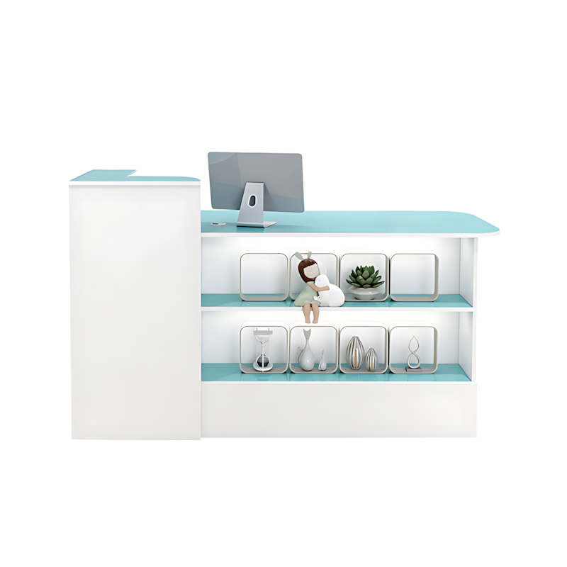 Display Corner Small Straight Shelf Compact Reception Desk with Keyboard Tray and Lockable Drawer for Salons and Clothing Stores JDT-104