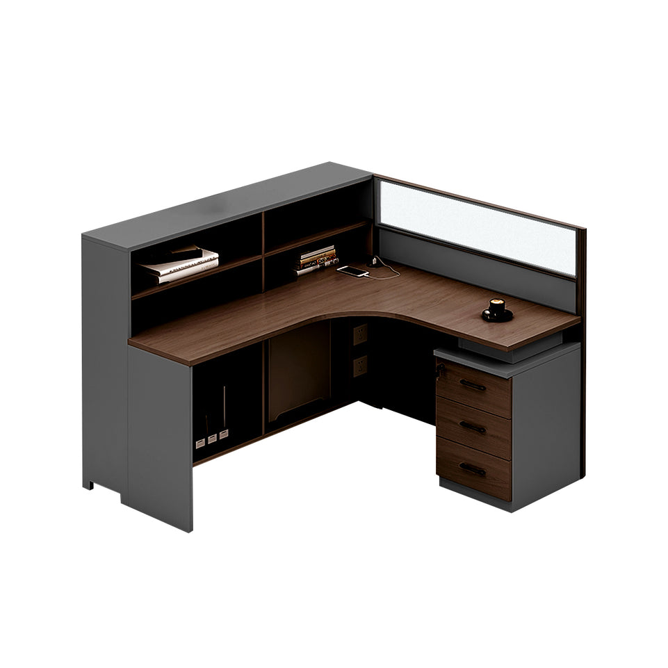 L-Shaped Office Desk with Built-In Outlets, Cable Management & Glass Top for Home Office