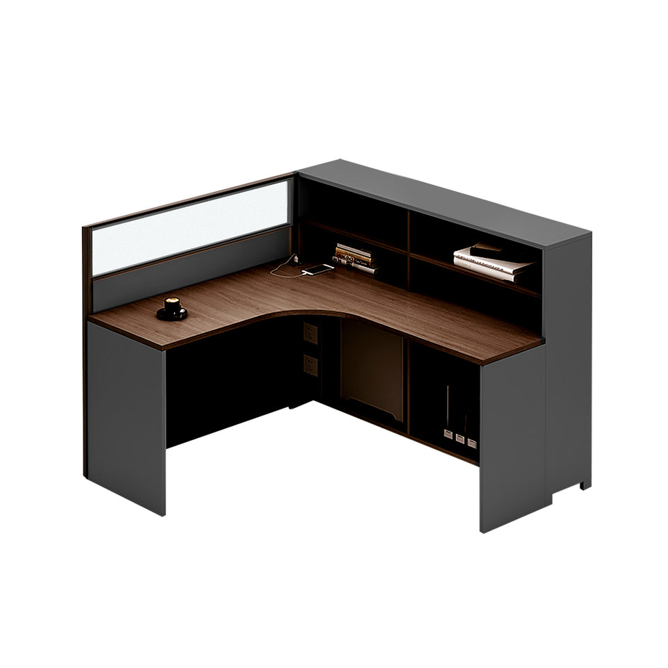 L-Shaped Office Desk with Built-In Outlets, Cable Management & Glass Top for Home Office