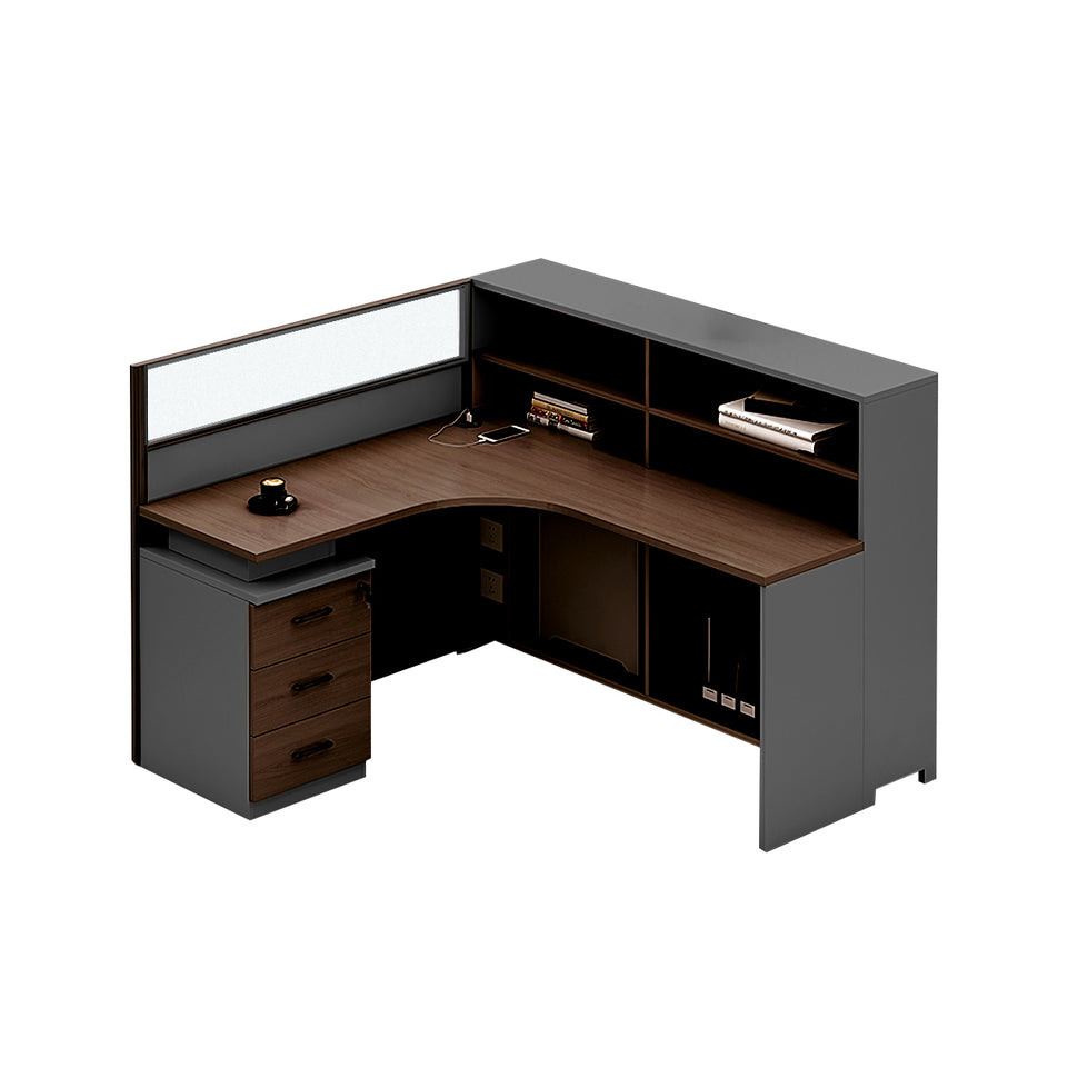 L-Shaped Office Desk with Built-In Outlets, Cable Management & Glass Top for Home Office