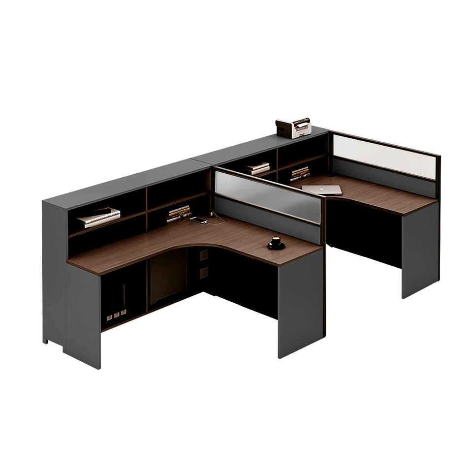 L-Shaped Office Desk with Built-In Outlets, Cable Management & Glass Top for Home Office