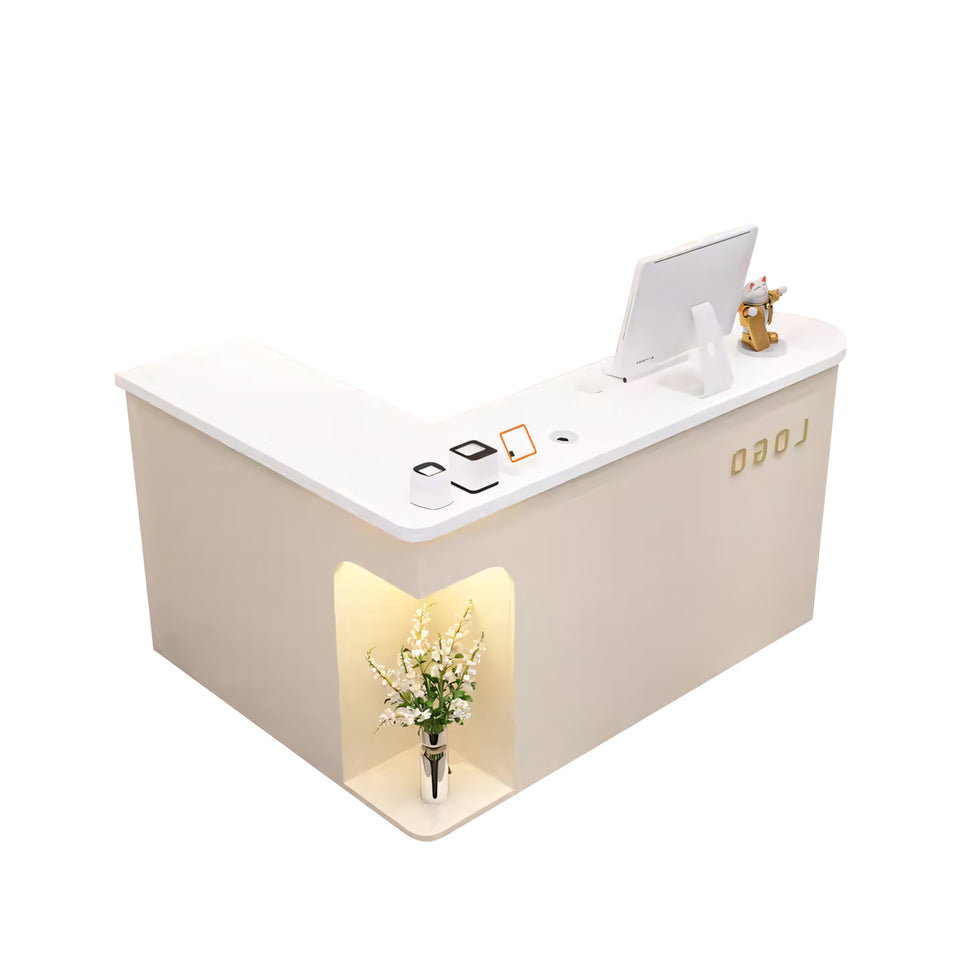 Display Corner L-Shaped Reception Desk with Cable Management and Storage for Salons and Clothing Stores JDT-1063