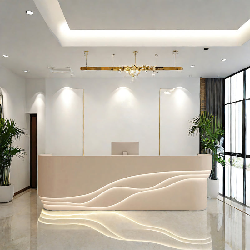 Curved Reception Desk 59-142 in Wide with File Drawers, LED Lighting & Lumbar Support