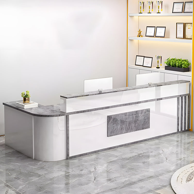L-Shaped Reception Desk 71-118 in Wide with Lockable, Cable Management & LED Lighting