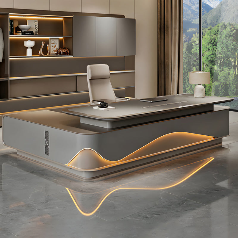 L-Shaped Executive Desk with Lockable, Cable Management & LED Lighting for Home Office