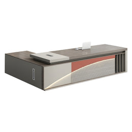 L-Shaped Executive Desk with LED Lighting, Side Storage & Genuine Leather for Home Office