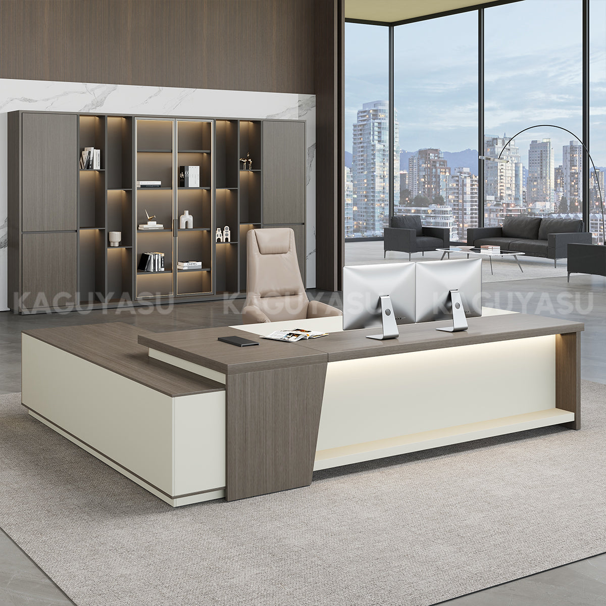 Modern L-Shaped Executive Desk with Large Side Cabinet and LED Lighting LBZ-2142N (In Stock)