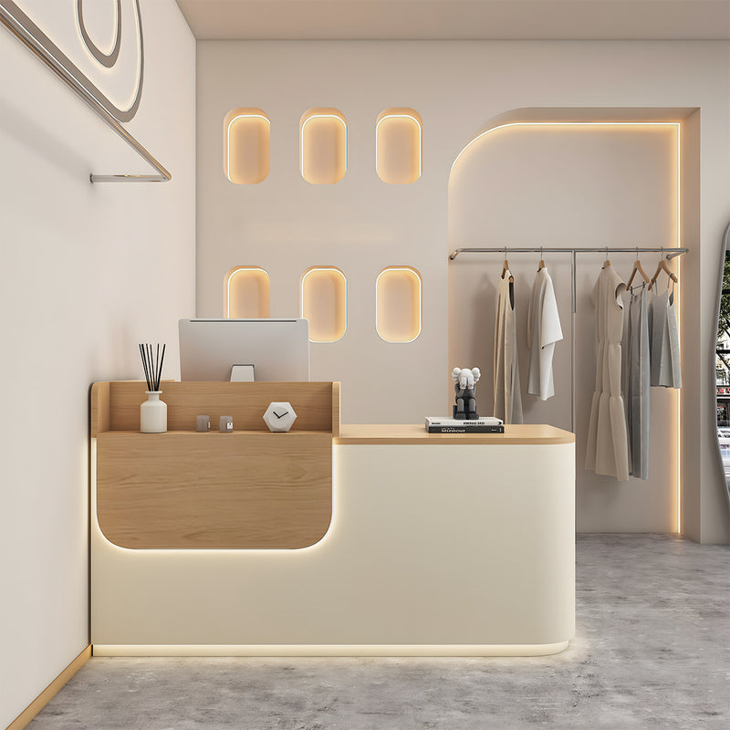Curved Reception Desk 31-102 in Wide with LED Lighting, Lockable & File Drawers for Salon