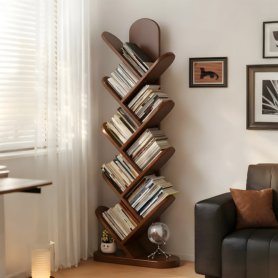 Elegant Solid Wood Tree-Shaped Bookshelf, Floor-Standing Corner Storage Rack, Slim Design, Wall-Aligned Modern Living Room Organizer CWG-2180