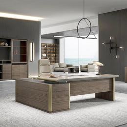 L-Shaped Executive Desk with Lockable, File Drawers & Lumbar Support for Home Office
