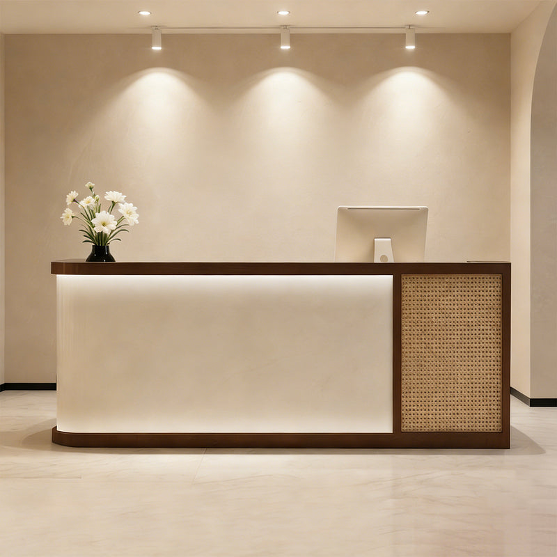 Curved Reception Desk 47-157 in Wide with LED Lighting & Transaction Counter for Salon